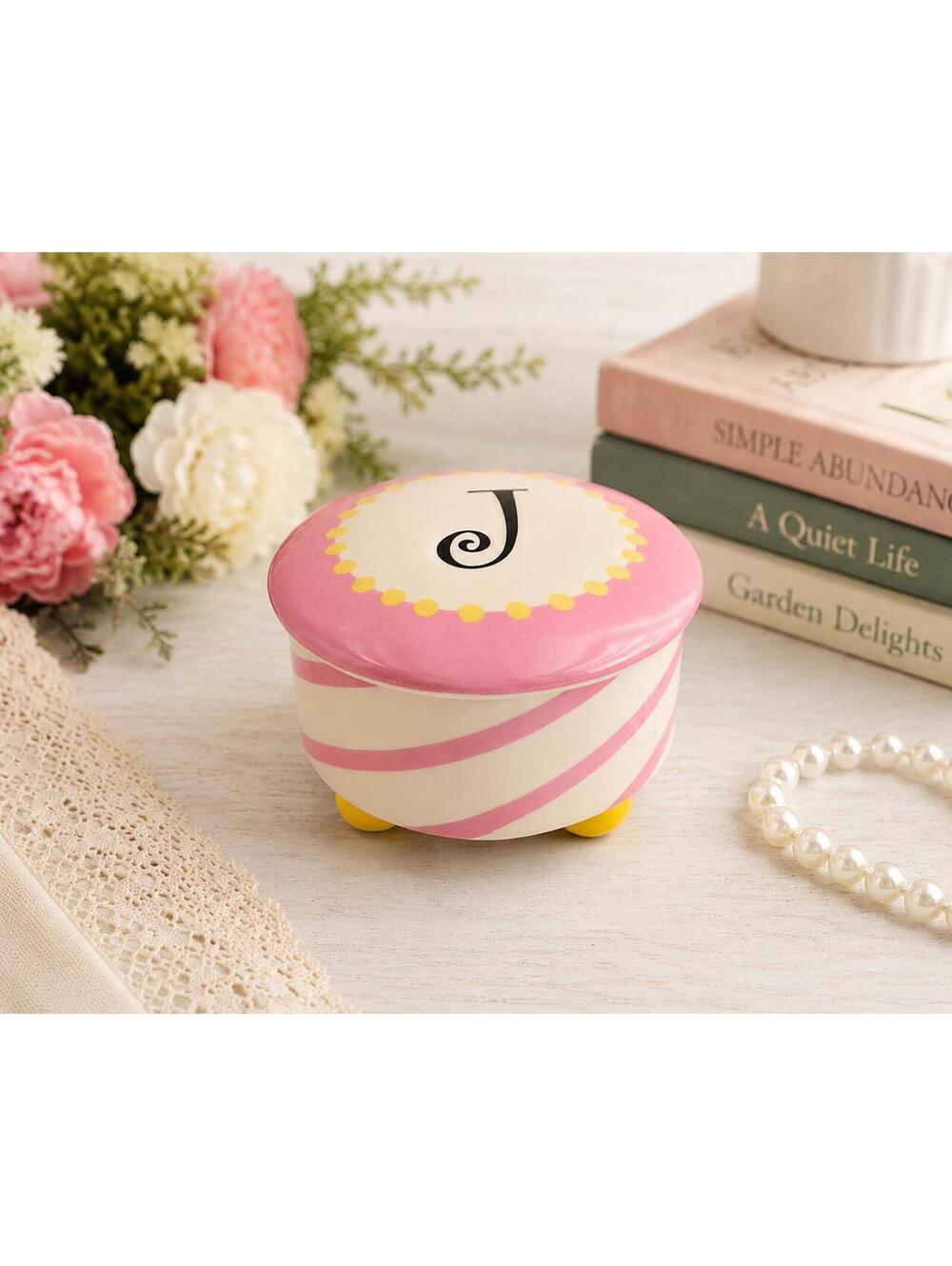 Vintage Tumbleweed Pottery Pink Yellow “J” Ceramic Trinket Box Heart Inside